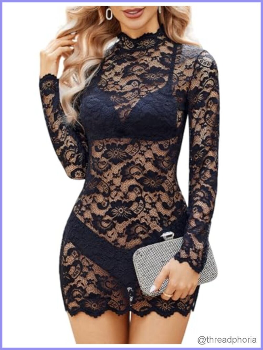 Lace Bodycon Mini Dress Long Sleeve See Through Club